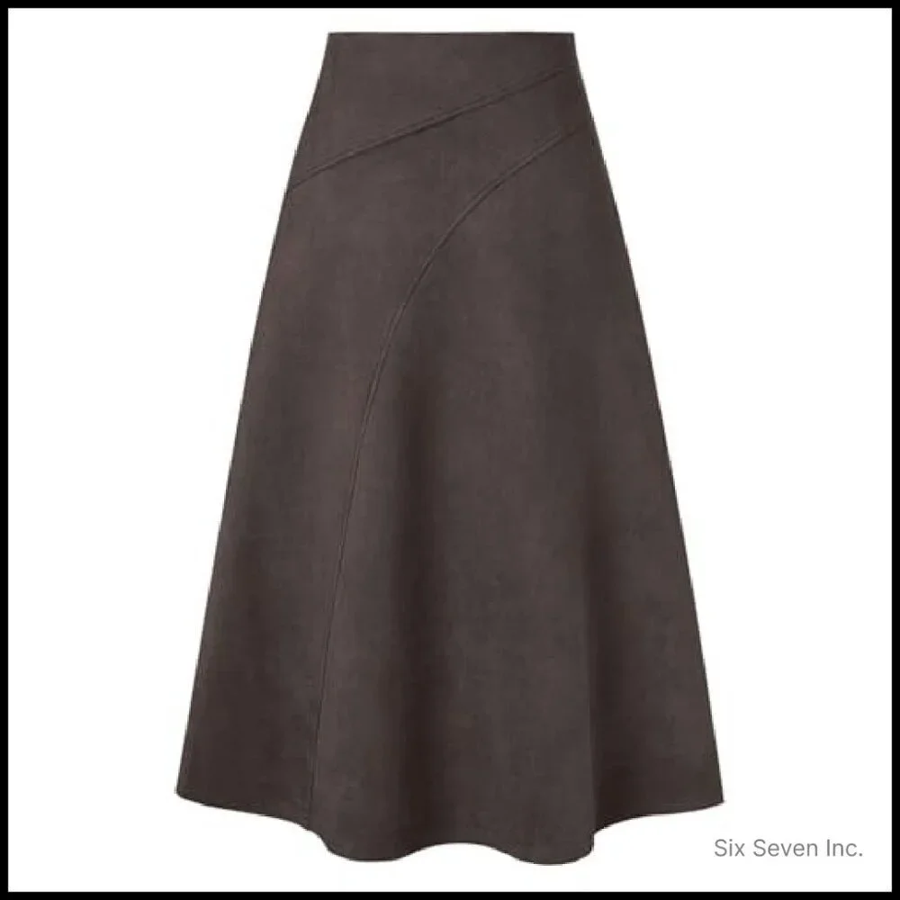 Faux Suede Midi Skirt High Waist A-Line Chic Fall Winter Elegant Minimal